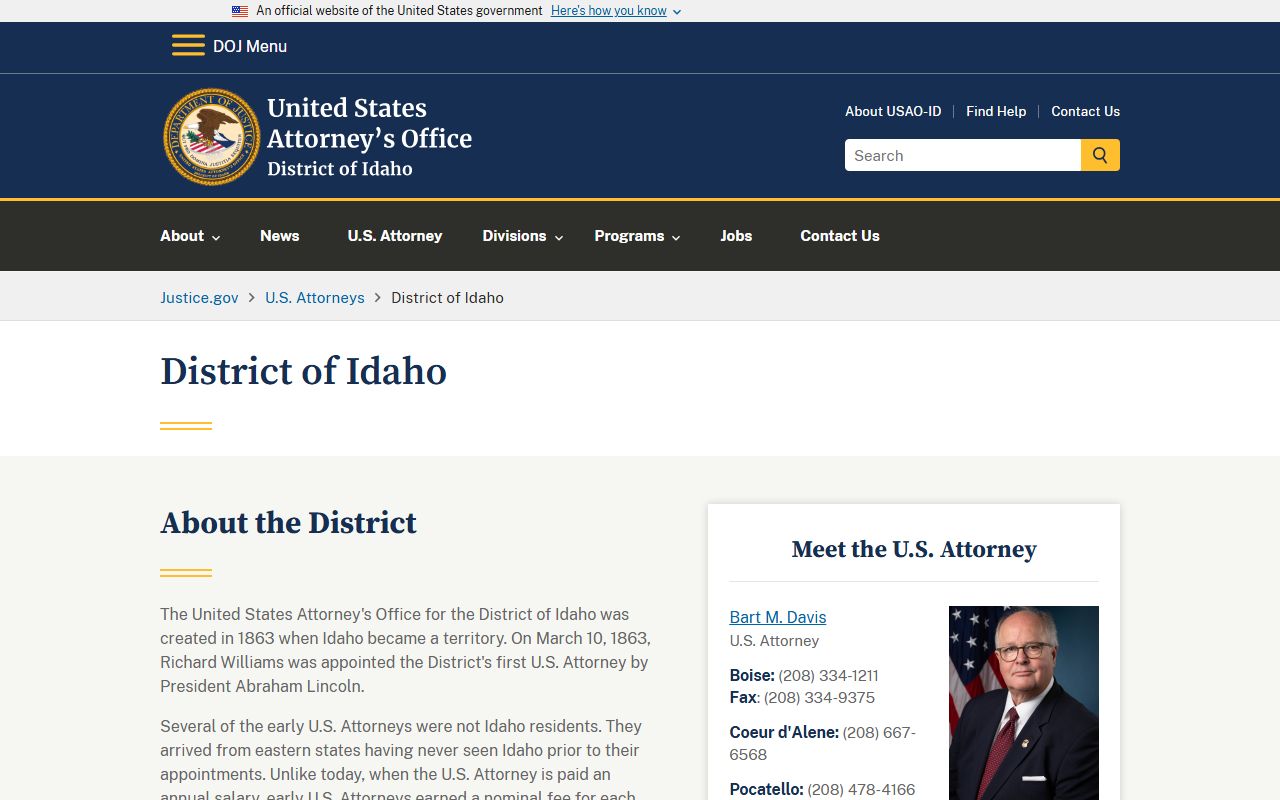 U.S. Attorney's Office for the District of Idaho homepage