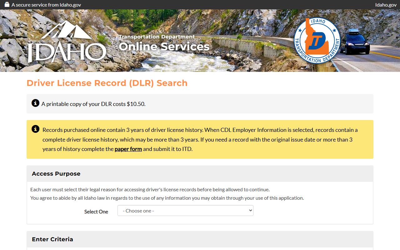 Idaho driver license record purchase page
