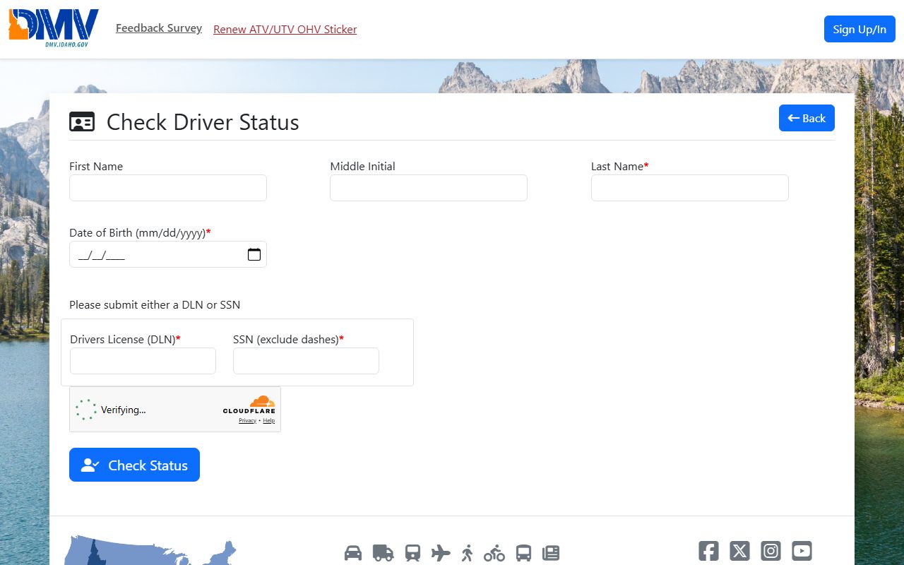 Idaho DMV driver status lookup form