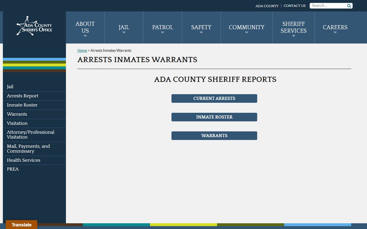 Ada County arrest records sheriff reports page for arrests inmates and warrants