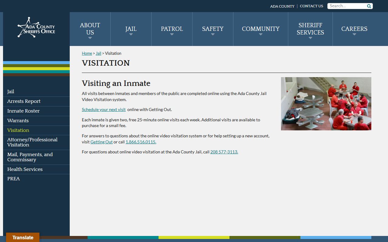 Ada County arrest records jail visitation page