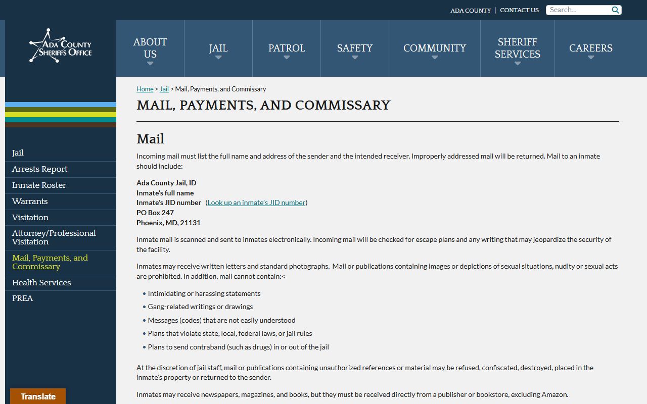 Ada County arrest records jail mail payments and commissary page