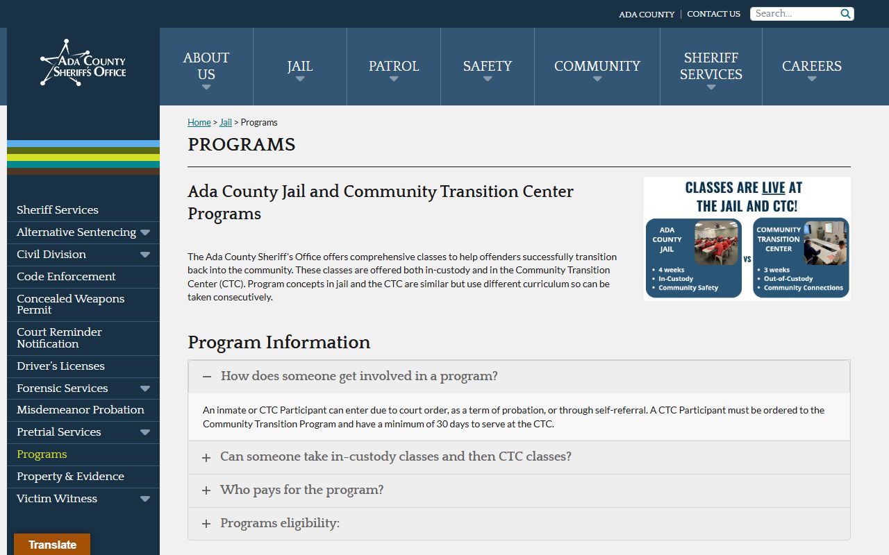 Ada County arrest records jail and Community Transition Center programs page