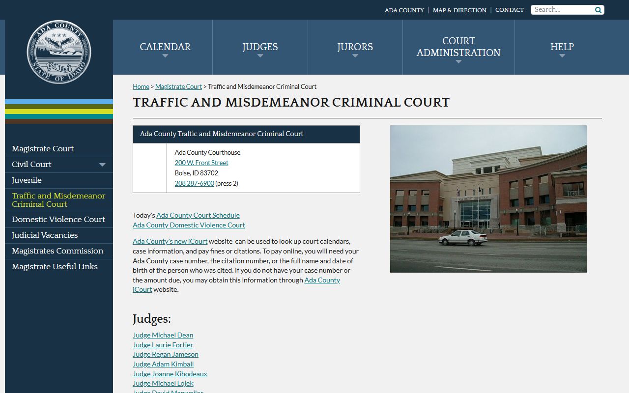 Ada County court dockets traffic and misdemeanor court page