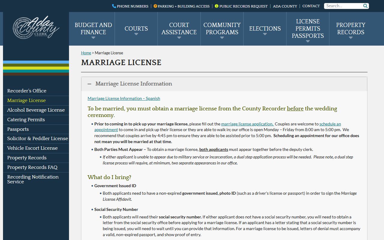 Ada County court records marriage license clerk page