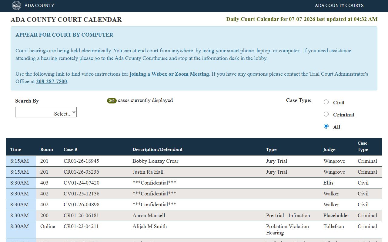 Ada County criminal court records daily court calendar