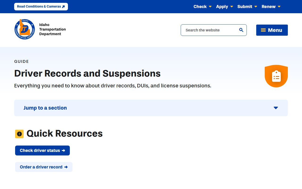 Idaho Transportation Department driver records and suspensions guidance