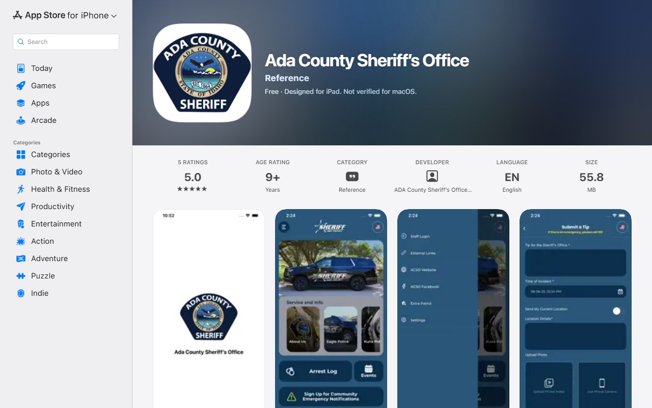 Official Ada County Sheriff's Office iOS app listing