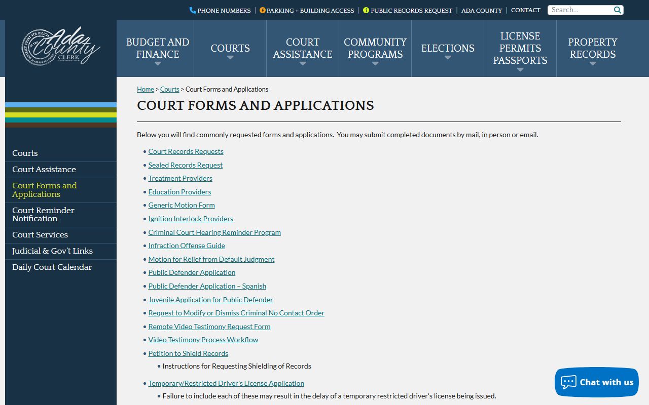 Ada County court records forms and applications page