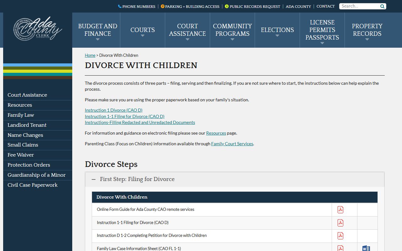 Ada County court records divorce with children forms page