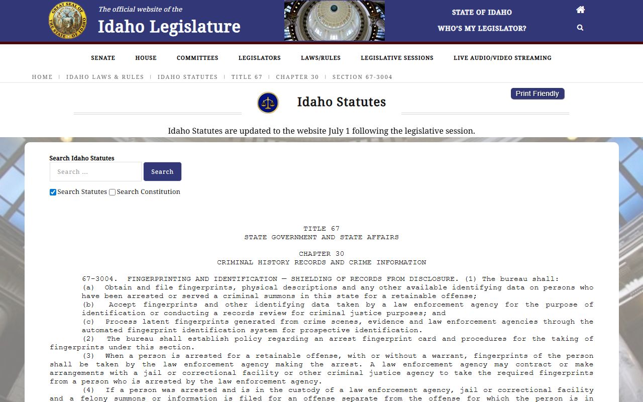 Ada County inmate records and Idaho criminal history shielding provisions