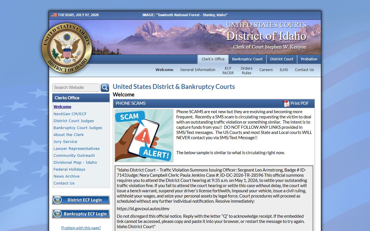 U.S. District and Bankruptcy Courts for the District of Idaho homepage