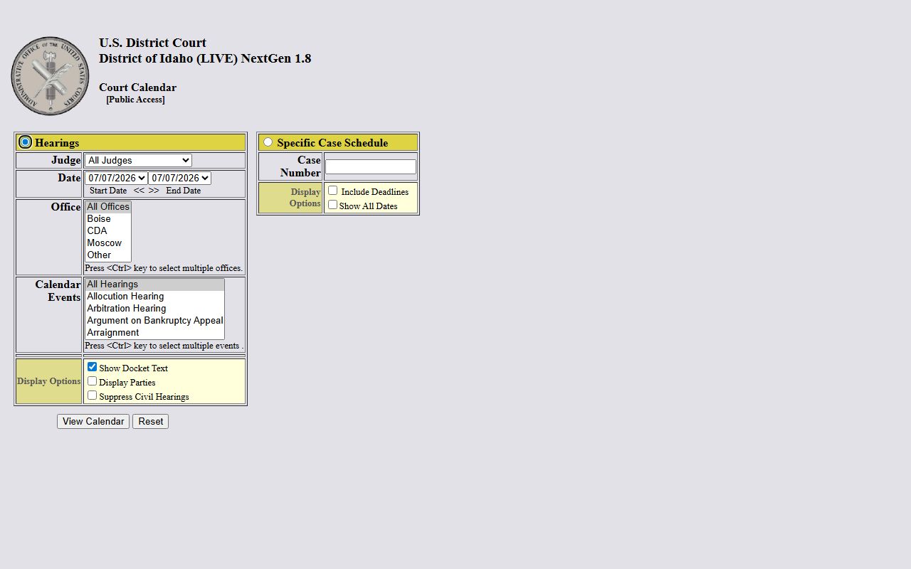 District of Idaho public court calendar search page