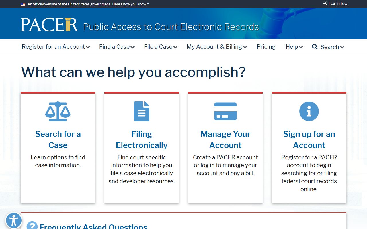 PACER federal docket access homepage