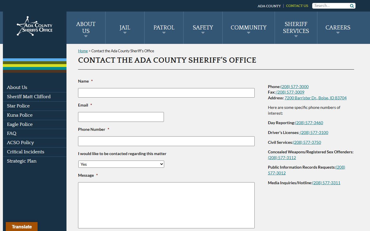Ada County traffic court records and sheriff contact channel